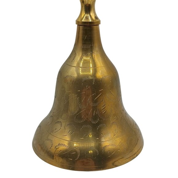 Vintage Large Brass Bell Handheld Etched Detailed Worship Dinner Home Decor - Picture 2 of 11